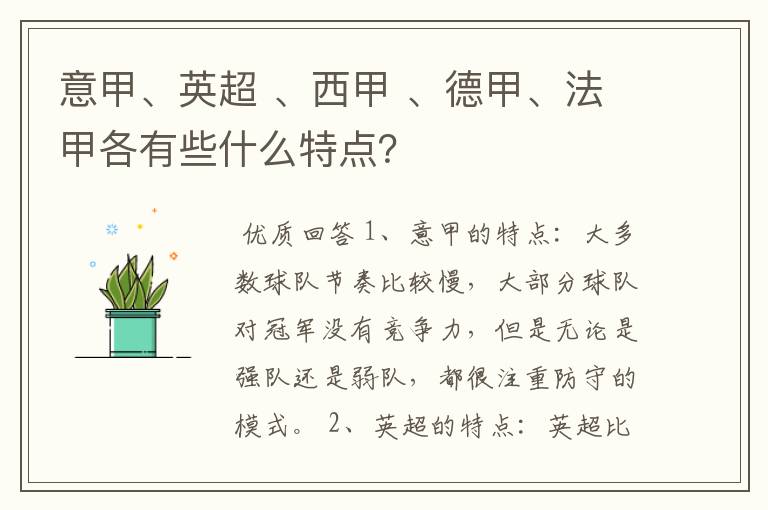 意甲、英超 、西甲 、德甲、法甲各有些什么特点？