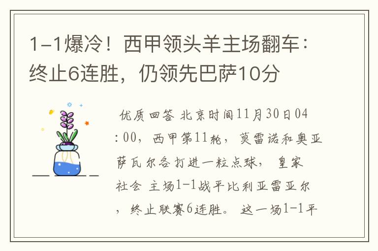 1-1爆冷！西甲领头羊主场翻车：终止6连胜，仍领先巴萨10分