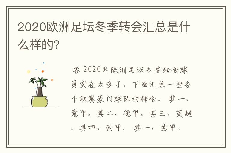 2020欧洲足坛冬季转会汇总是什么样的？