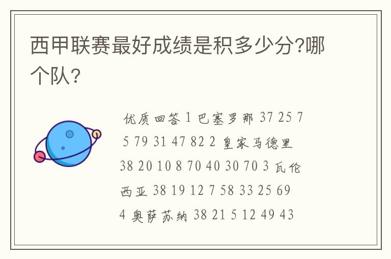 西甲联赛最好成绩是积多少分?哪个队?