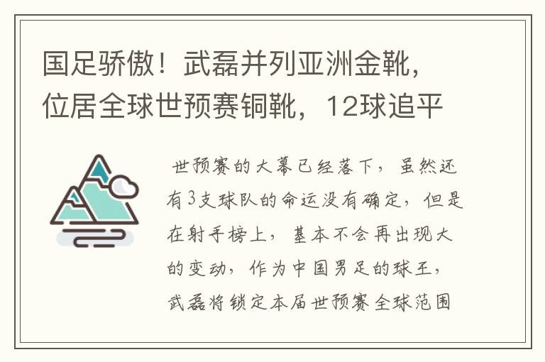 国足骄傲！武磊并列亚洲金靴，位居全球世预赛铜靴，12球追平凯恩