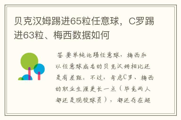 贝克汉姆踢进65粒任意球，C罗踢进63粒、梅西数据如何