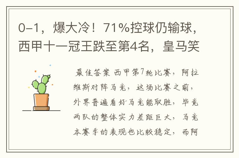 0-1，爆大冷！71%控球仍输球，西甲十一冠王跌至第4名，皇马笑了