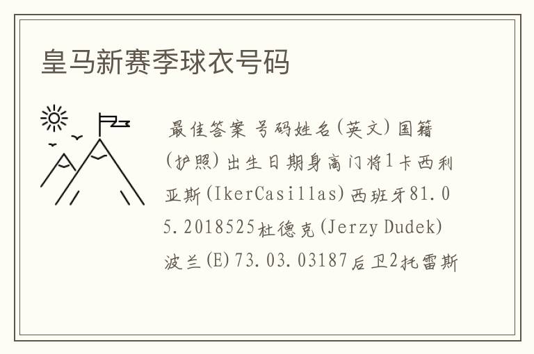 皇马新赛季球衣号码