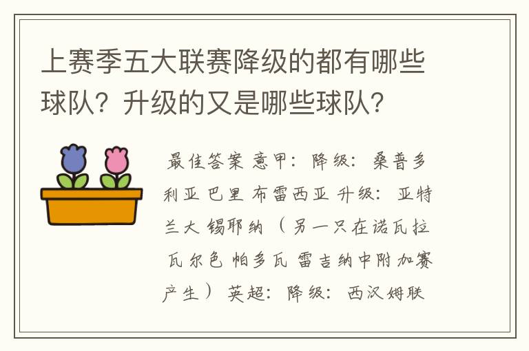 上赛季五大联赛降级的都有哪些球队？升级的又是哪些球队？