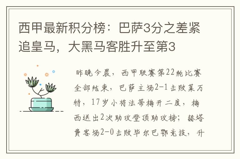 西甲最新积分榜：巴萨3分之差紧追皇马，大黑马客胜升至第3