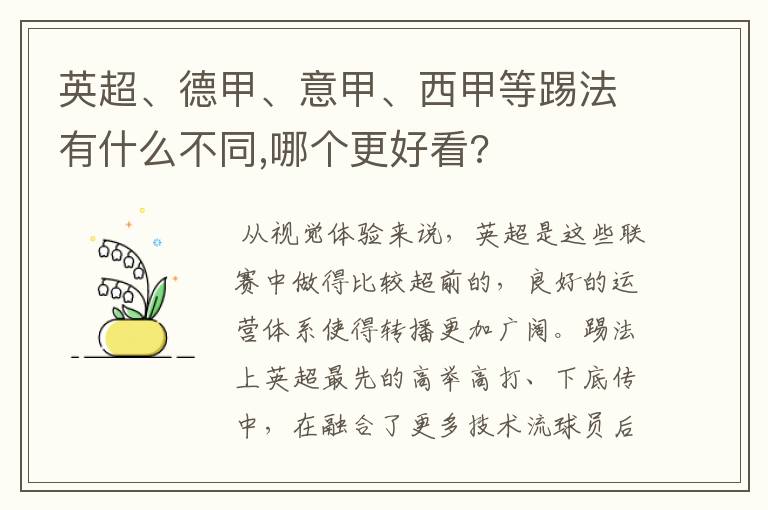 英超、德甲、意甲、西甲等踢法有什么不同,哪个更好看?