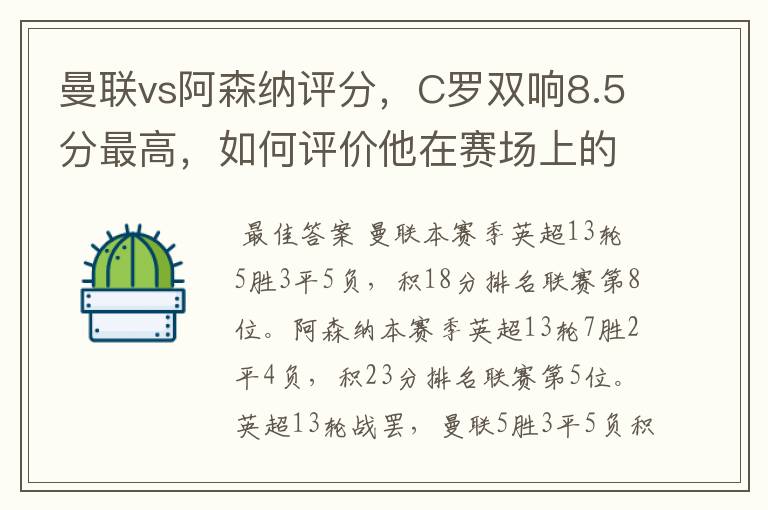 曼联vs阿森纳评分，C罗双响8.5分最高，如何评价他在赛场上的表现？