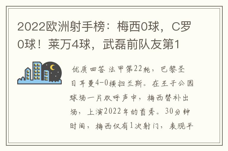 2022欧洲射手榜：梅西0球，C罗0球！莱万4球，武磊前队友第1