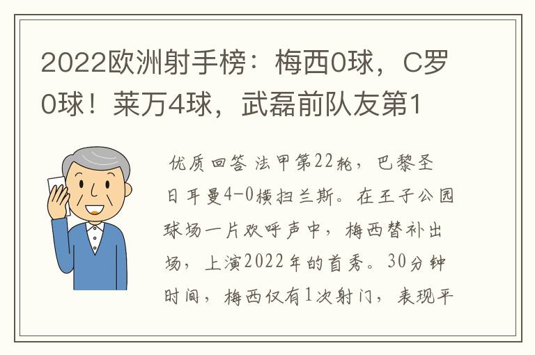 2022欧洲射手榜：梅西0球，C罗0球！莱万4球，武磊前队友第1