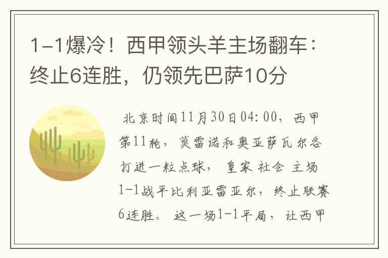 1-1爆冷！西甲领头羊主场翻车：终止6连胜，仍领先巴萨10分