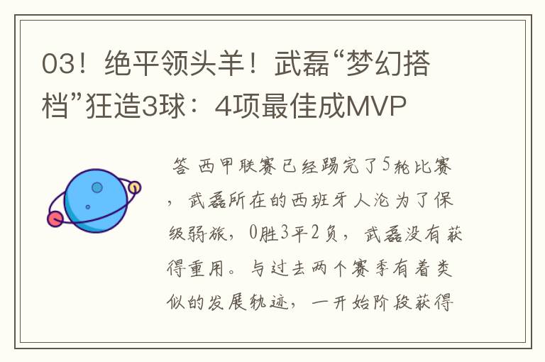 03！绝平领头羊！武磊“梦幻搭档”狂造3球：4项最佳成MVP