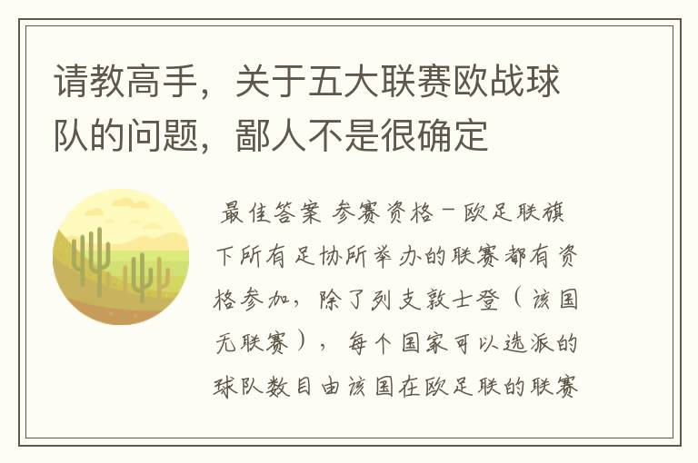 请教高手，关于五大联赛欧战球队的问题，鄙人不是很确定