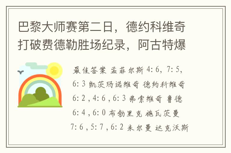 巴黎大师赛第二日，德约科维奇打破费德勒胜场纪录，阿古特爆冷，