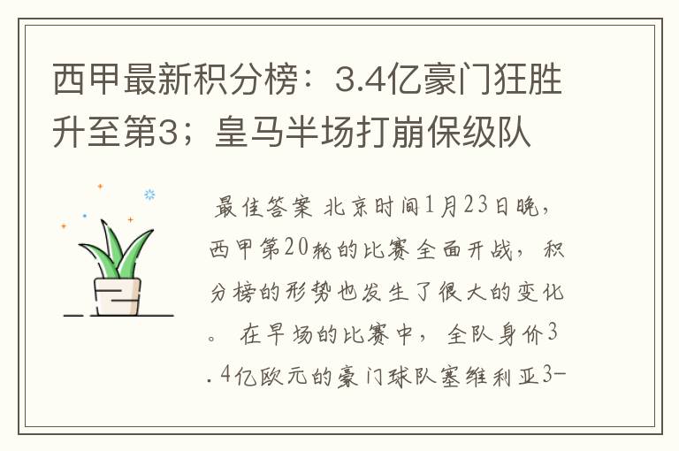 西甲最新积分榜：3.4亿豪门狂胜升至第3；皇马半场打崩保级队