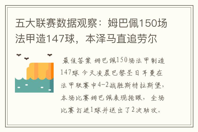 五大联赛数据观察：姆巴佩150场法甲造147球，本泽马直追劳尔