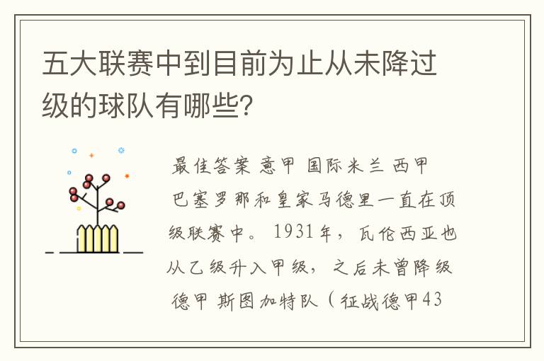 五大联赛中到目前为止从未降过级的球队有哪些？