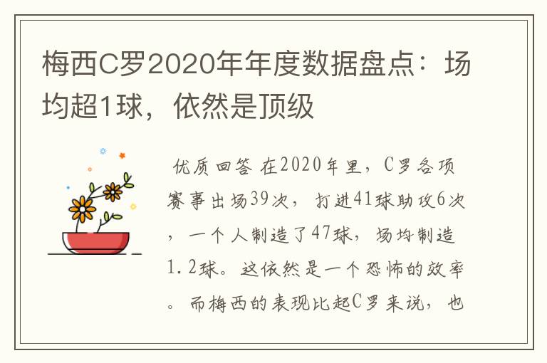 梅西C罗2020年年度数据盘点：场均超1球，依然是顶级