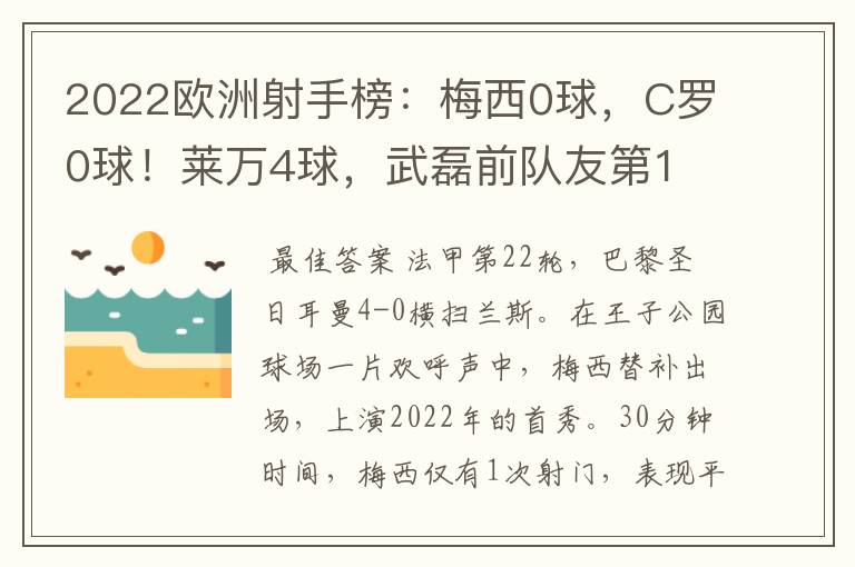 2022欧洲射手榜：梅西0球，C罗0球！莱万4球，武磊前队友第1