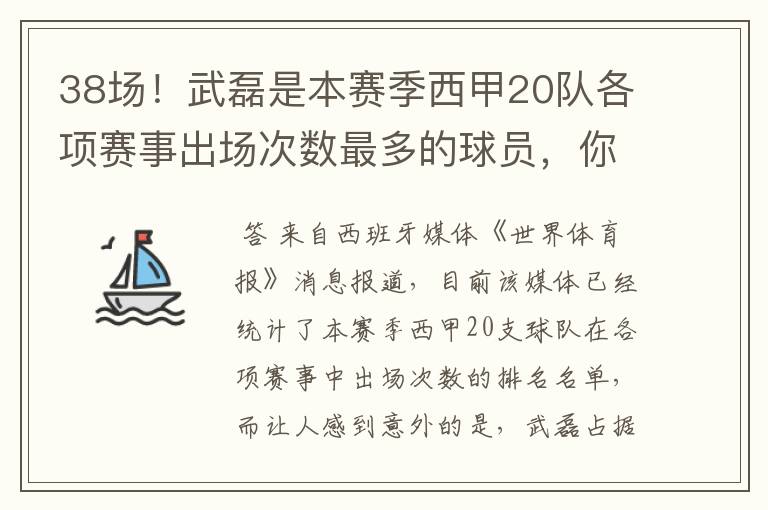 38场！武磊是本赛季西甲20队各项赛事出场次数最多的球员，你怎么看？