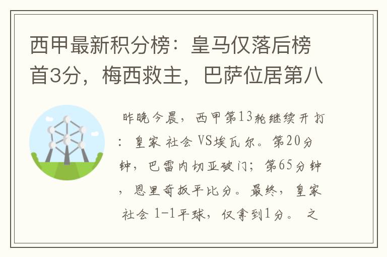 西甲最新积分榜：皇马仅落后榜首3分，梅西救主，巴萨位居第八