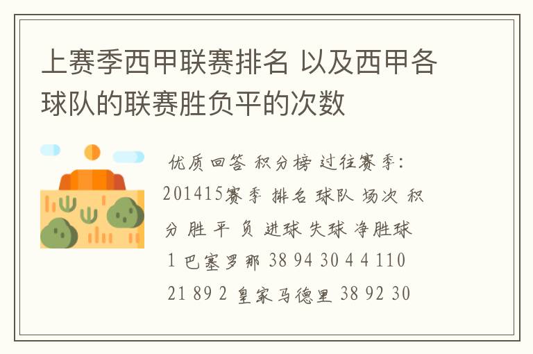 上赛季西甲联赛排名 以及西甲各球队的联赛胜负平的次数