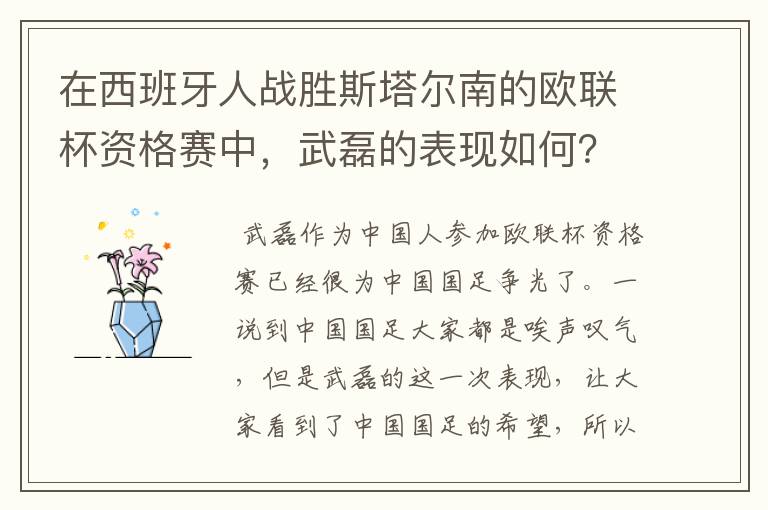 在西班牙人战胜斯塔尔南的欧联杯资格赛中，武磊的表现如何？