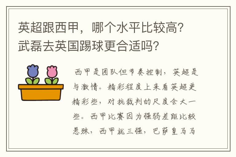 英超跟西甲，哪个水平比较高？武磊去英国踢球更合适吗？