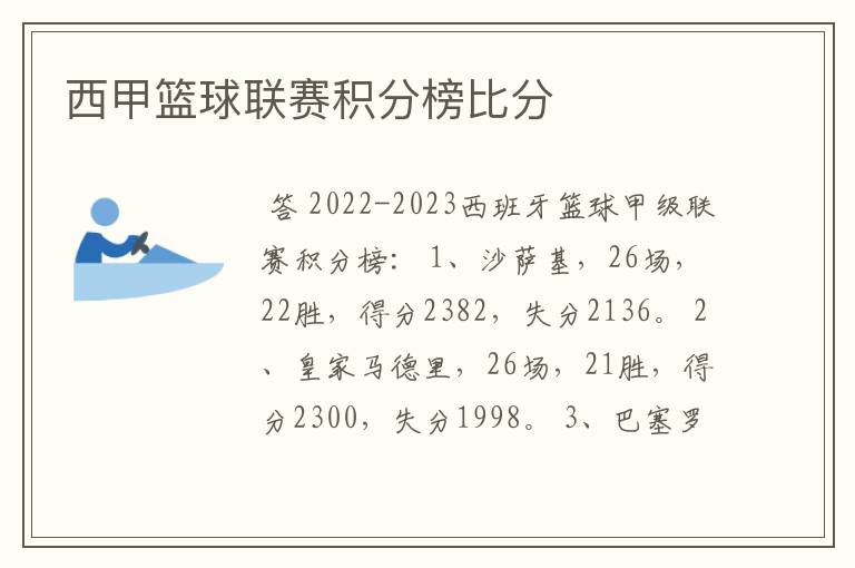 西甲篮球联赛积分榜比分