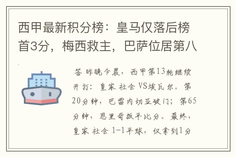 西甲最新积分榜：皇马仅落后榜首3分，梅西救主，巴萨位居第八