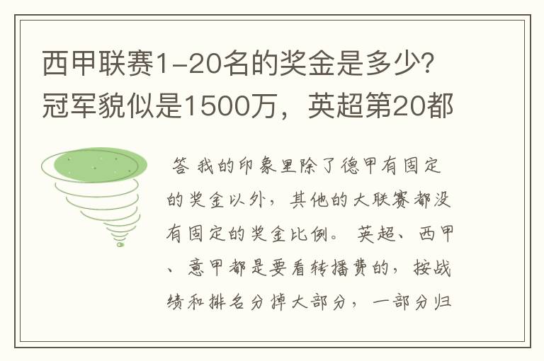 西甲联赛1-20名的奖金是多少？冠军貌似是1500万，英超第20都是4000万呀！