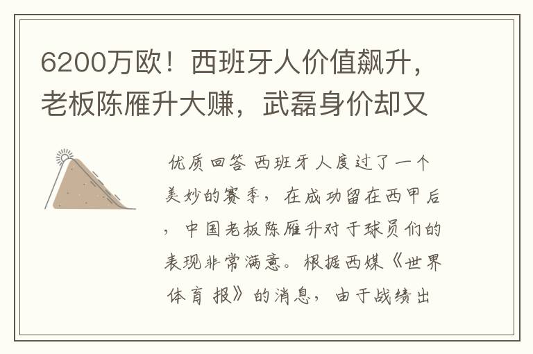 6200万欧！西班牙人价值飙升，老板陈雁升大赚，武磊身价却又缩水