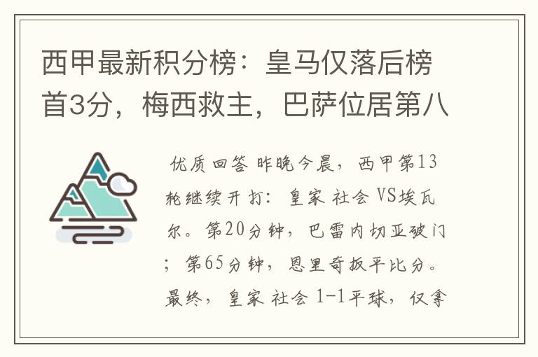 西甲最新积分榜：皇马仅落后榜首3分，梅西救主，巴萨位居第八