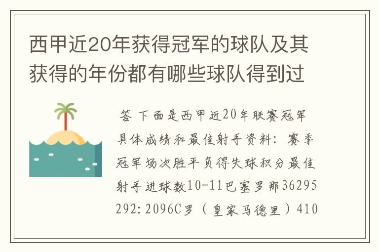 西甲近20年获得冠军的球队及其获得的年份都有哪些球队得到过意大利