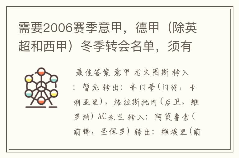 需要2006赛季意甲，德甲（除英超和西甲）冬季转会名单，须有转会方式