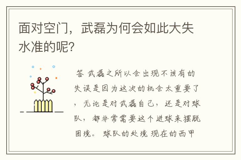 面对空门，武磊为何会如此大失水准的呢？