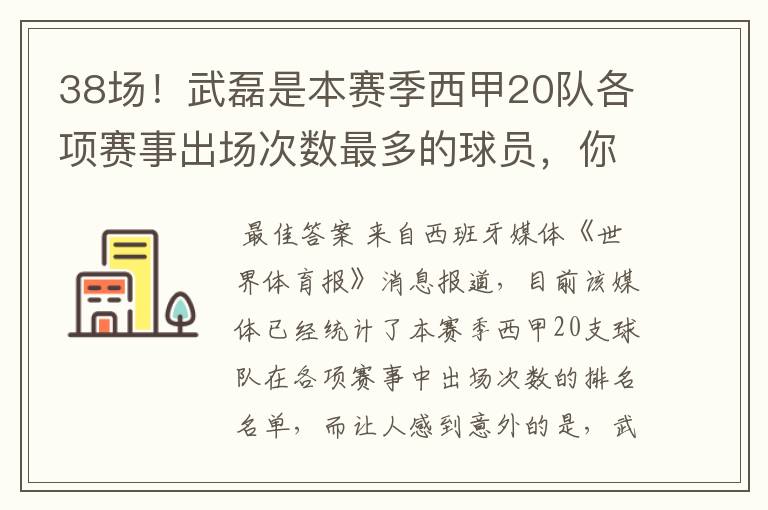 38场！武磊是本赛季西甲20队各项赛事出场次数最多的球员，你怎么看？