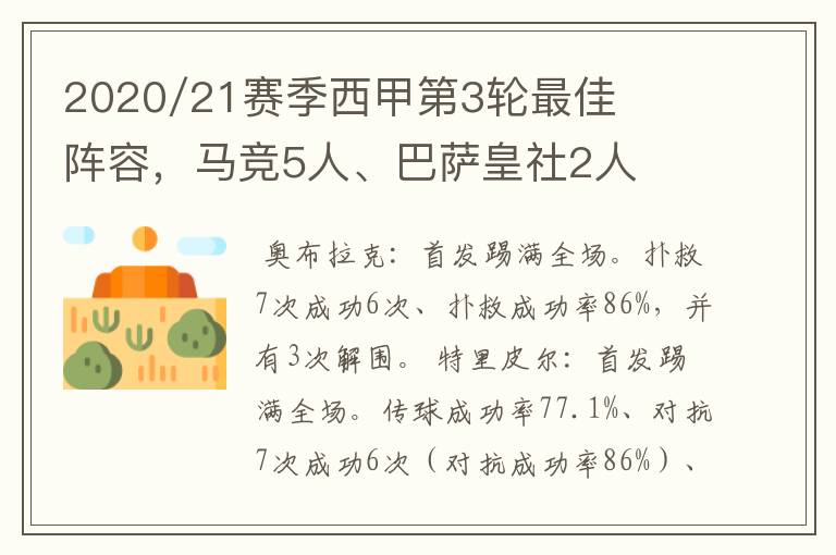 2020/21赛季西甲第3轮最佳阵容，马竞5人、巴萨皇社2人