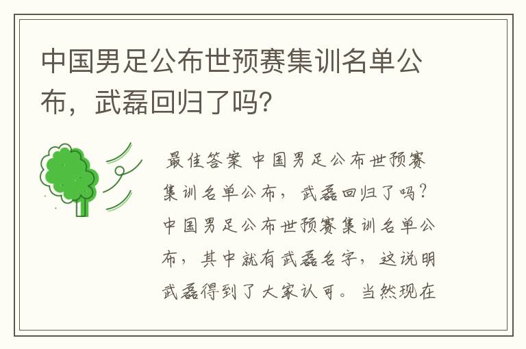 中国男足公布世预赛集训名单公布，武磊回归了吗？