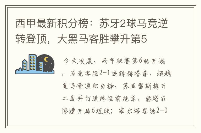 西甲最新积分榜：苏牙2球马竞逆转登顶，大黑马客胜攀升第5