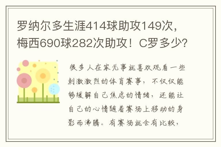 罗纳尔多生涯414球助攻149次，梅西690球282次助攻！C罗多少？