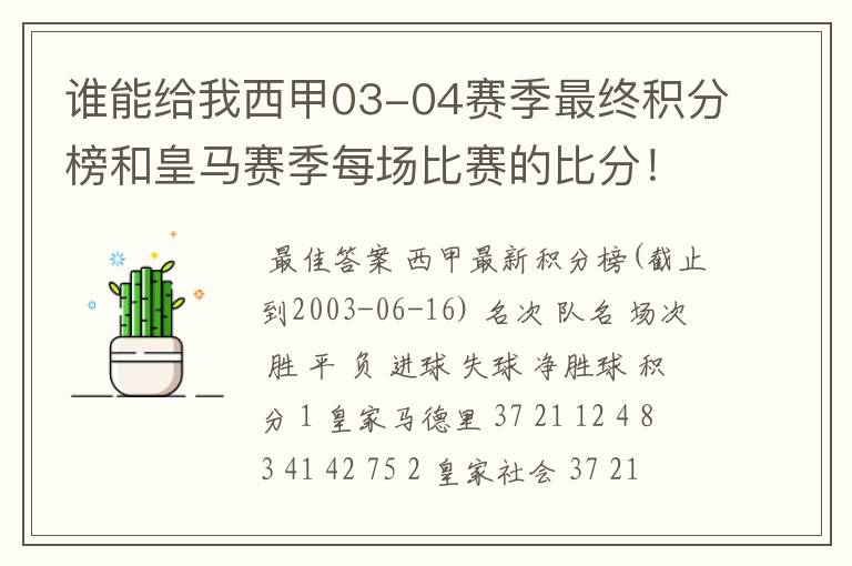 谁能给我西甲03-04赛季最终积分榜和皇马赛季每场比赛的比分！