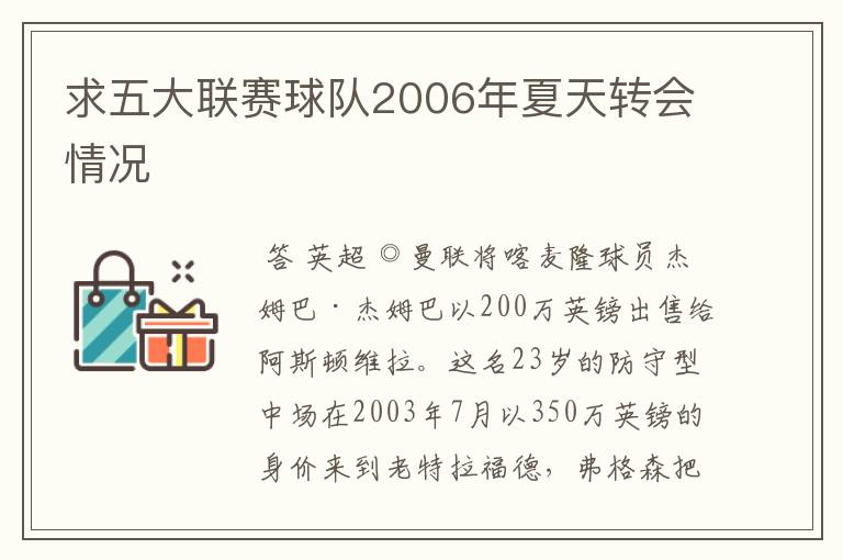 求五大联赛球队2006年夏天转会情况