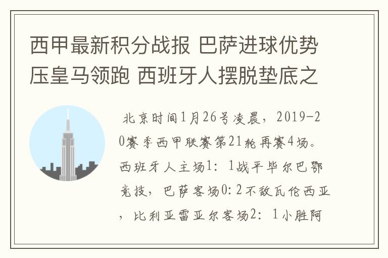 西甲最新积分战报 巴萨进球优势压皇马领跑 西班牙人摆脱垫底之位