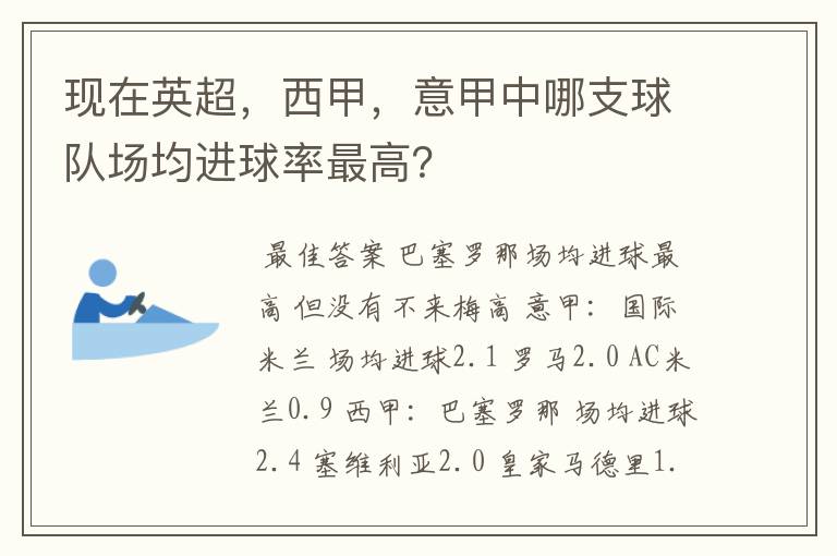 现在英超，西甲，意甲中哪支球队场均进球率最高？