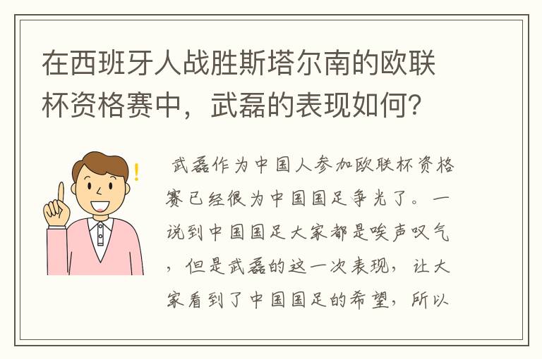 在西班牙人战胜斯塔尔南的欧联杯资格赛中，武磊的表现如何？