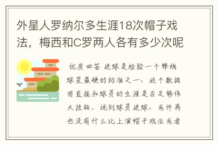 外星人罗纳尔多生涯18次帽子戏法，梅西和C罗两人各有多少次呢？