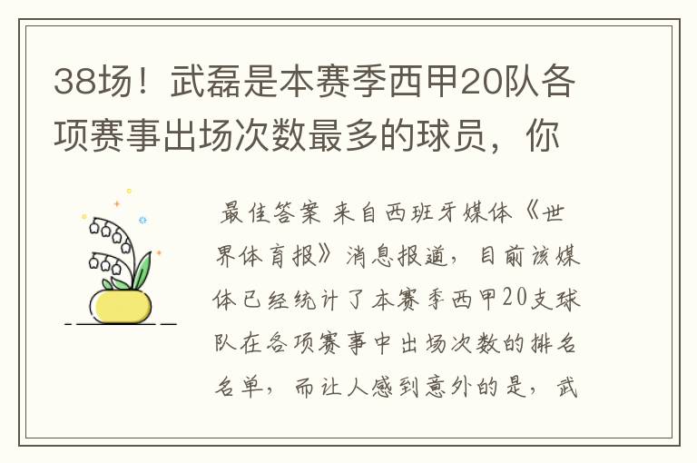 38场！武磊是本赛季西甲20队各项赛事出场次数最多的球员，你怎么看？