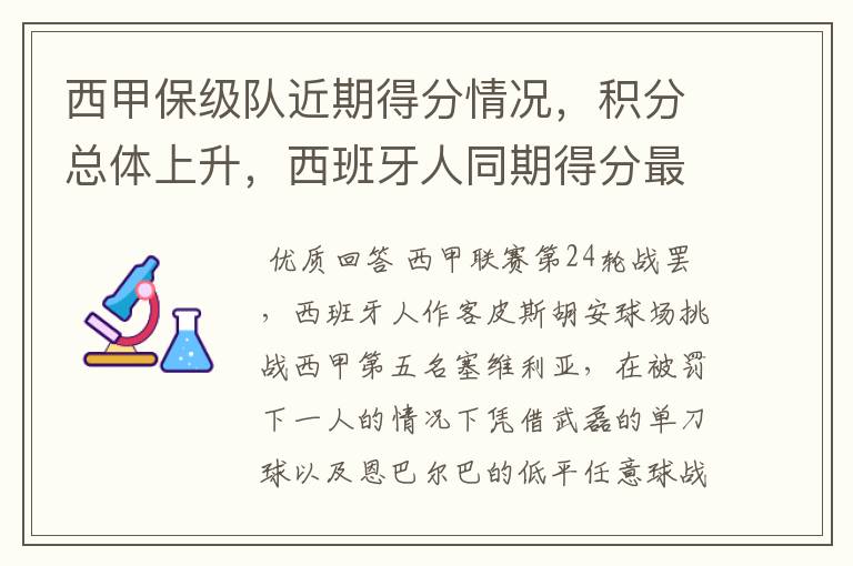 西甲保级队近期得分情况，积分总体上升，西班牙人同期得分最高