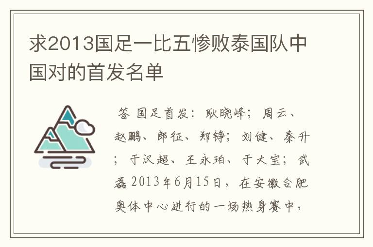 求2013国足一比五惨败泰国队中国对的首发名单